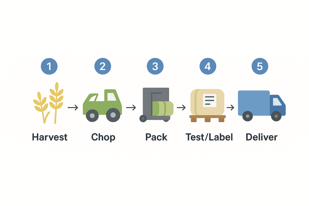 Process flow diagram: harvest → chop → bag/wrap → label/test → deliver