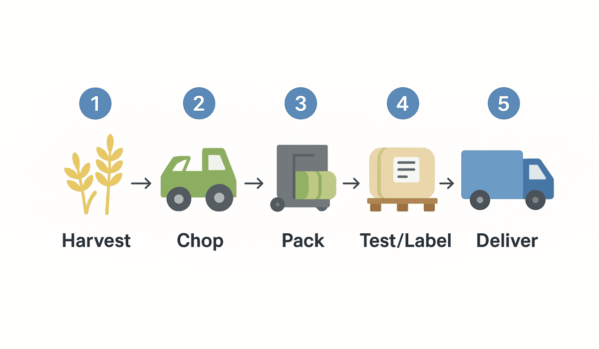 Process flow diagram: harvest → chop → bag/wrap → label/test → deliver
